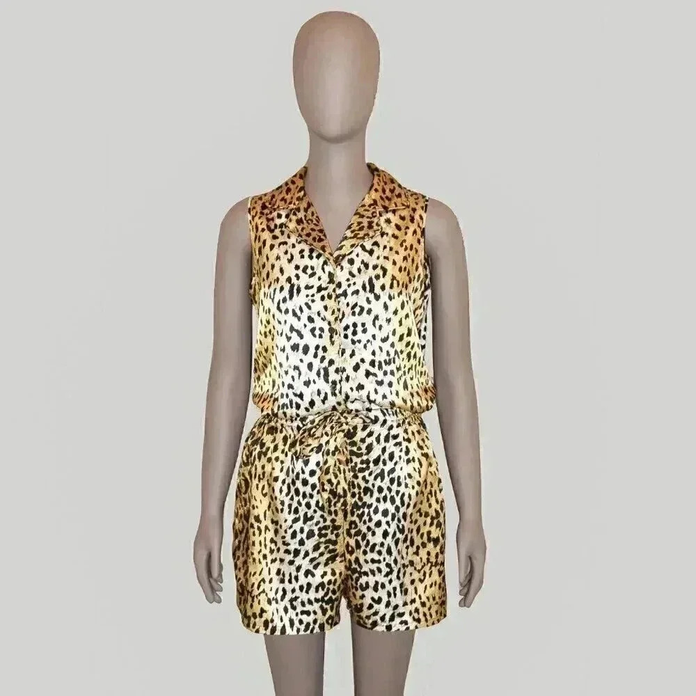 Vintage Leopard Print Satin 2 Piece Pajama Set Size Small Satin Sleepwear